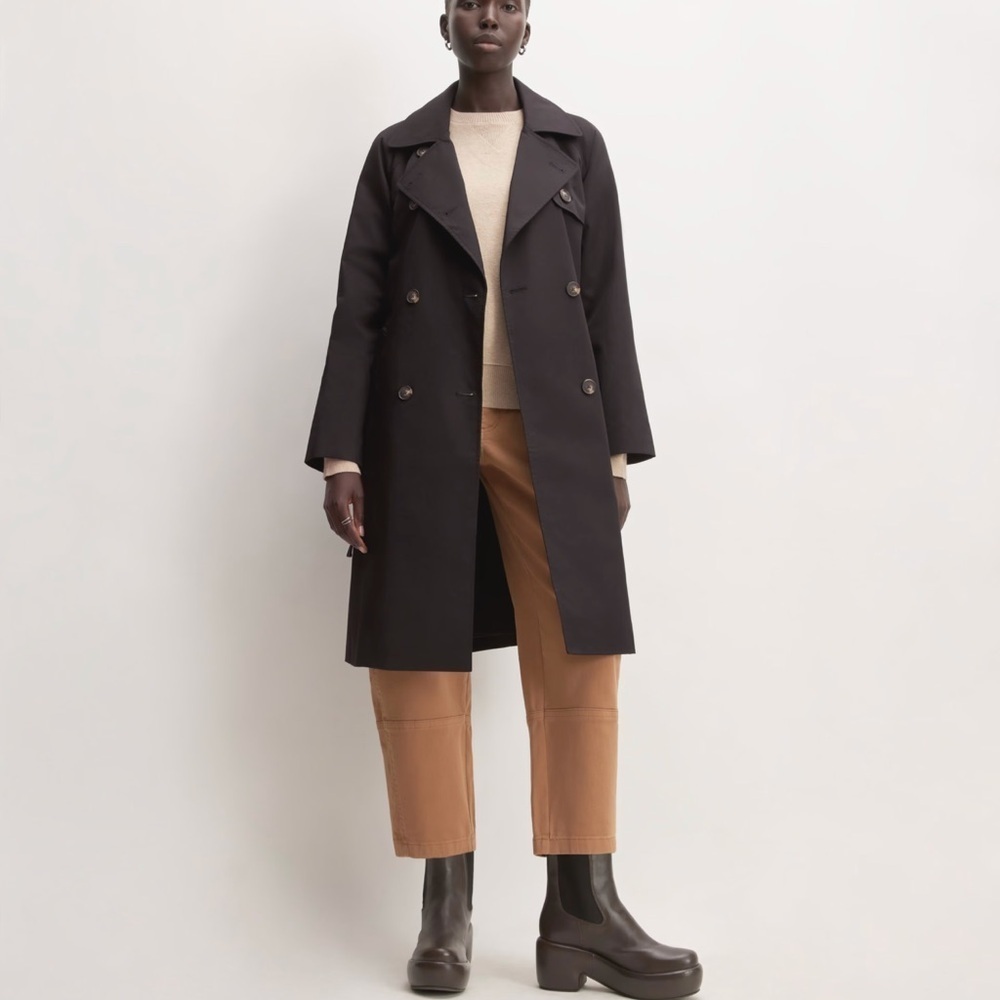 EVERLANE Black Cotton Belted Double Breast Longline Trench Coat Size XS